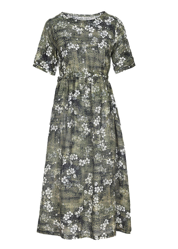 Organic Green O-neck Print Slim Tie Waist Linen Maxi Dresses Short Sleeve Ly1740