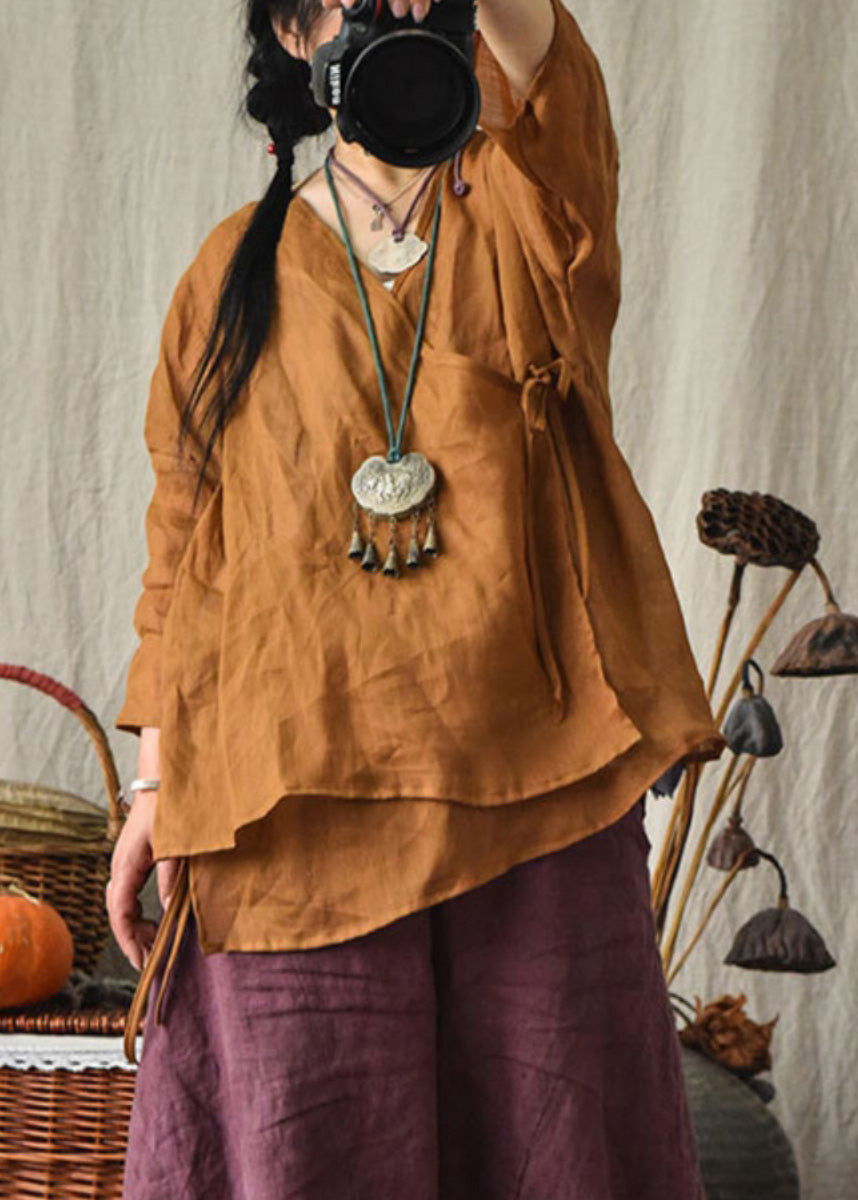 Original Design Red V Neck Lace Up Linen Blouses Summer Lk029