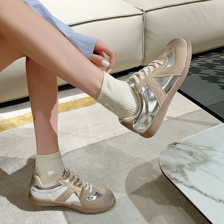 Outdoor Jogging Sneakers Suede Leather Patchwork Running Shoes Woman Lace Up Round Toe Leisure Trainers