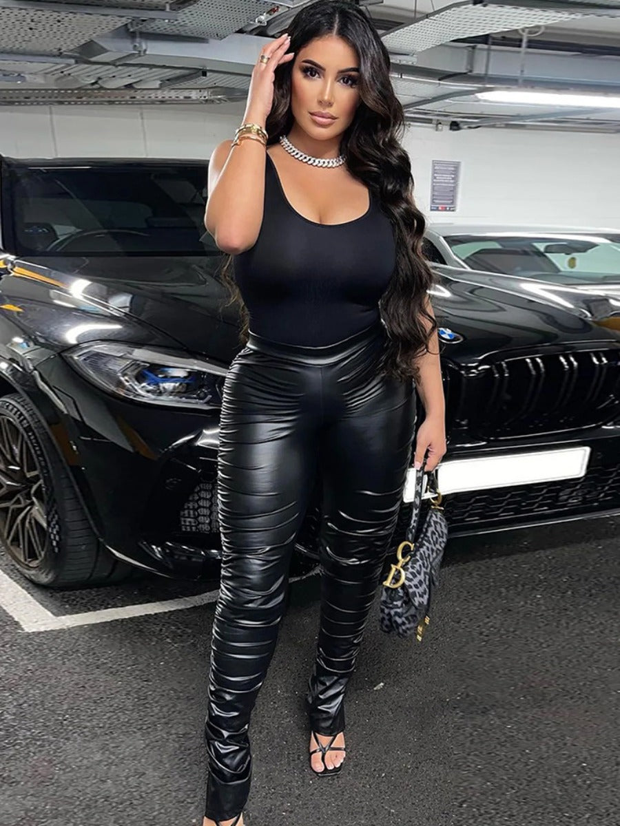 Faux Leather Mid Waist Ruched Pants Ar7041