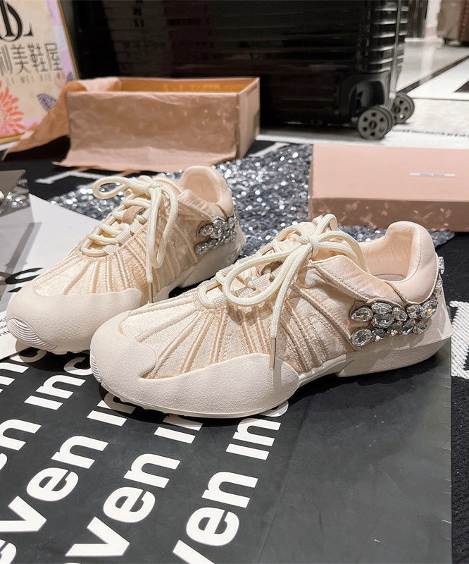 Flat Lace Pink Splicing Canvas Zircon Shoes Up for