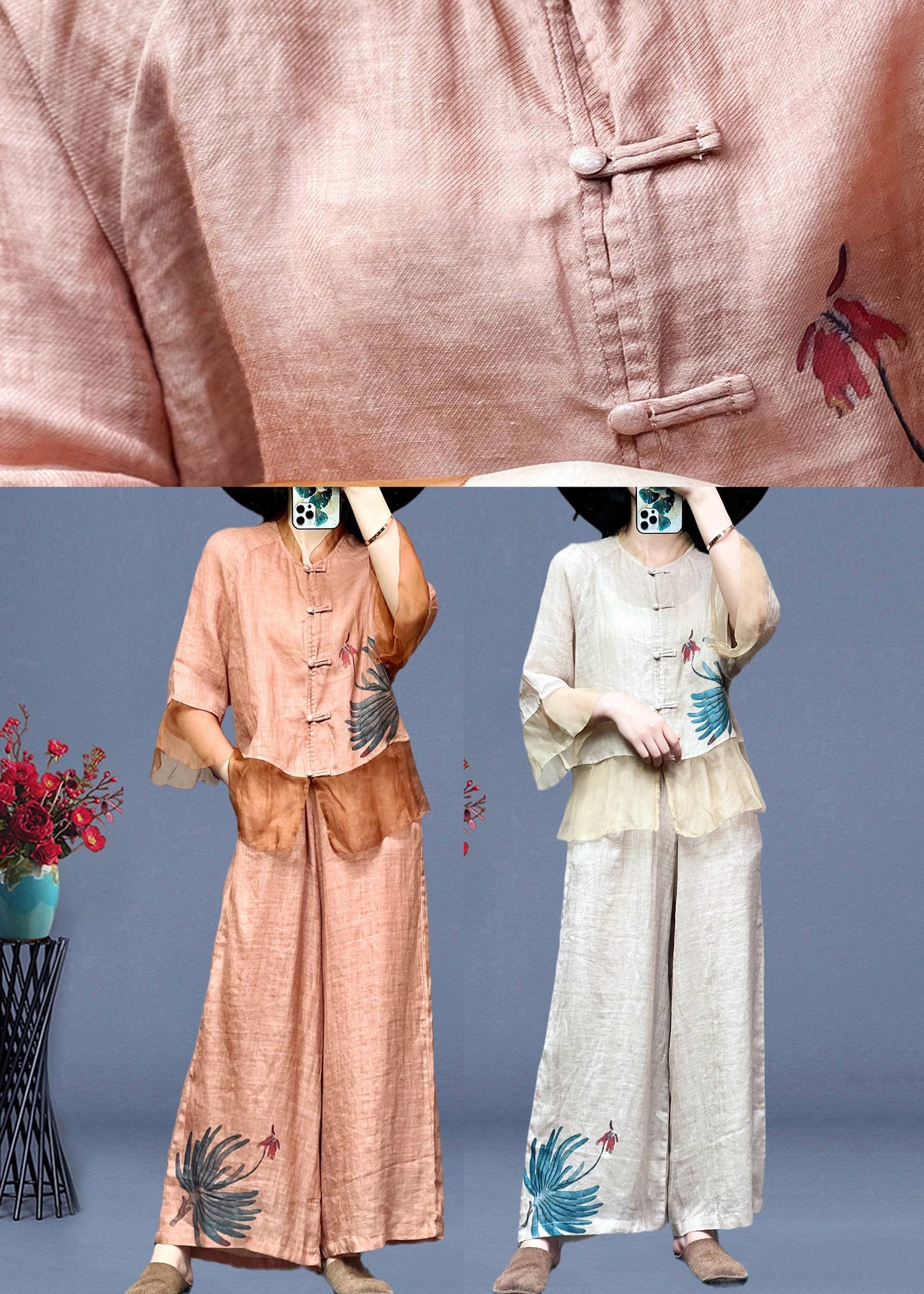 Pink Embroideried Button Linen Shirts and Wide Leg Pants Linen Summer Ti1012