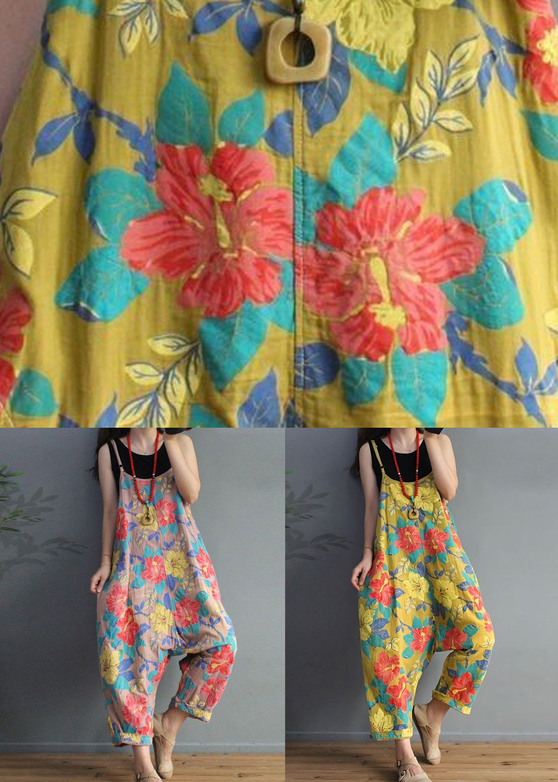 Yellow Print High Waist Cotton Jumpsuit Sleeveless Mn071