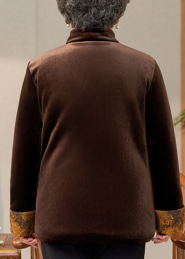 Coffee Print Pockets Silk Velvet Warm Coats Spring Ta012