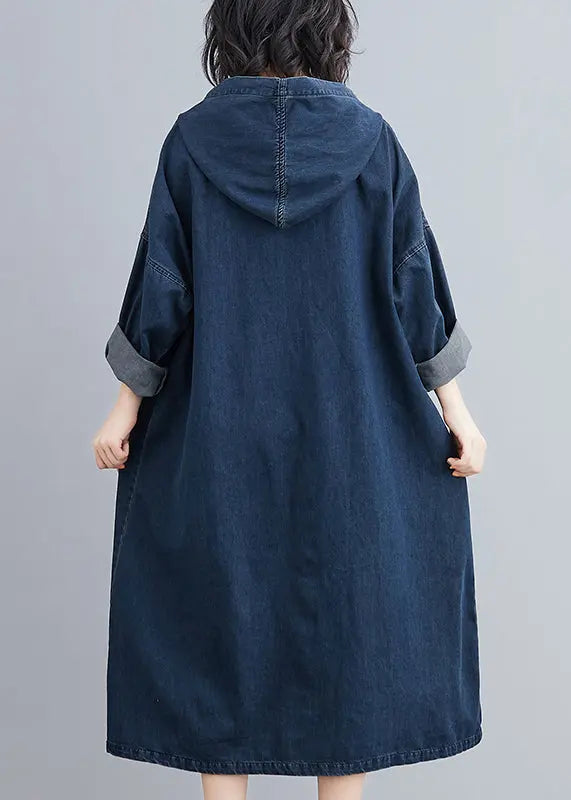 Denim Hooded Pockets Denim Long Dress