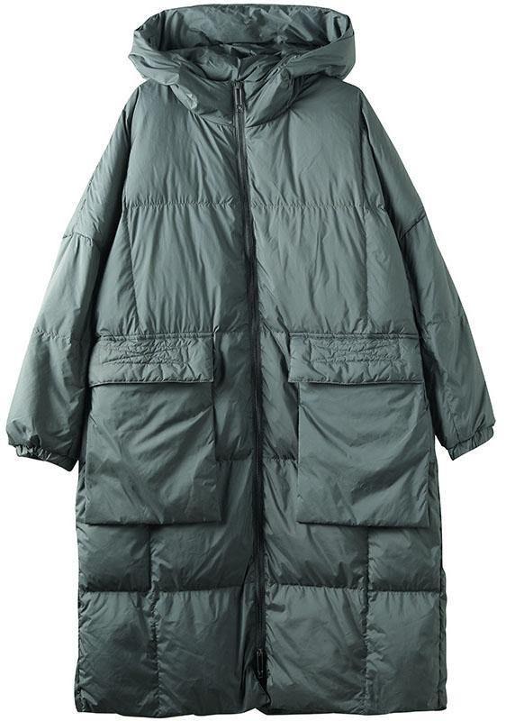 Green Hooded Zippered Pockets Winter Down Coat Long Sleeve Qs034