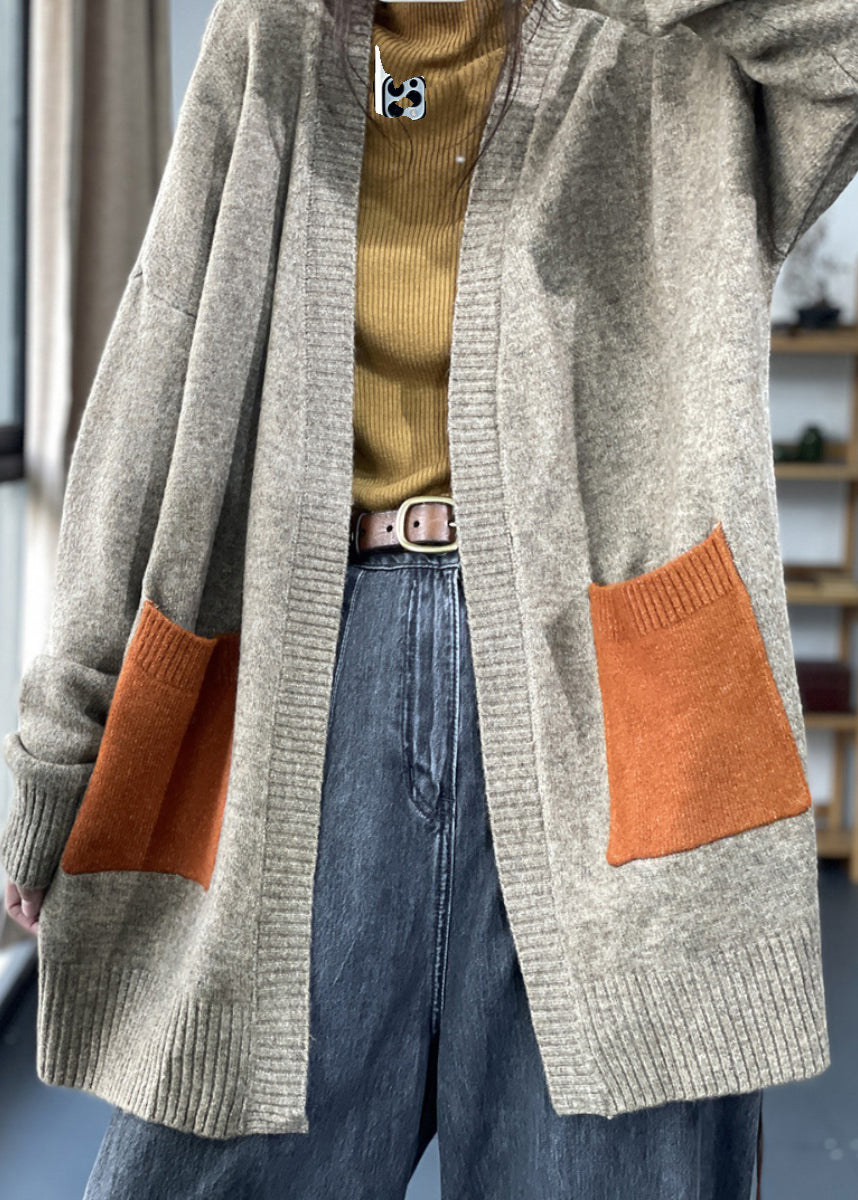 Khaki Pockets Patchwork Knit Cardigan Fall Oo005