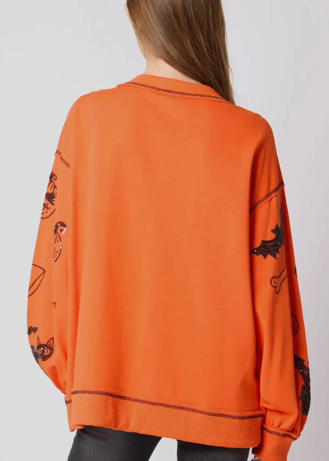 Orange O Neck Sequins Cotton Sweatshirts Fall Ae1040