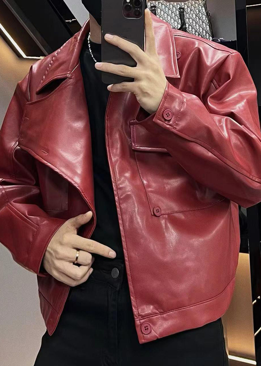 Red Asymmetrical Button Faux Leather Coats Spring Rn019