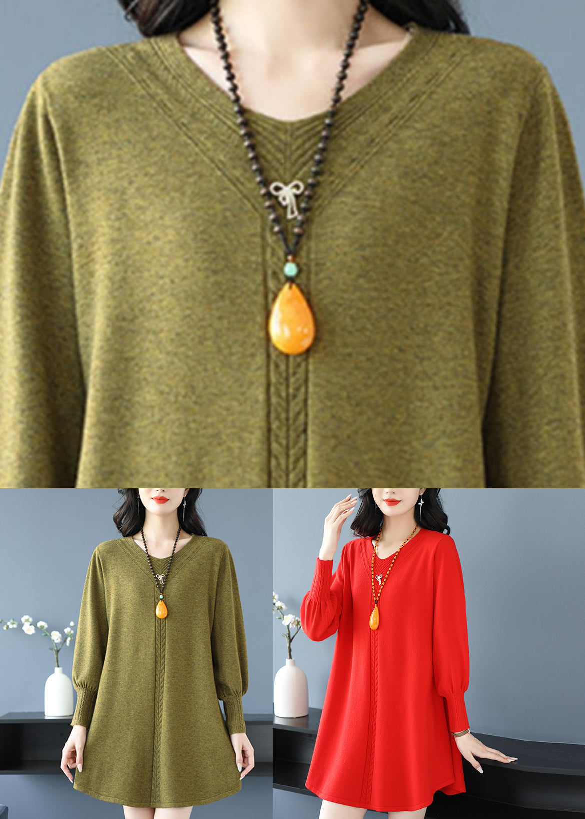 Red Patchwork Thick Cotton Knitted Sweaters Winter Te032