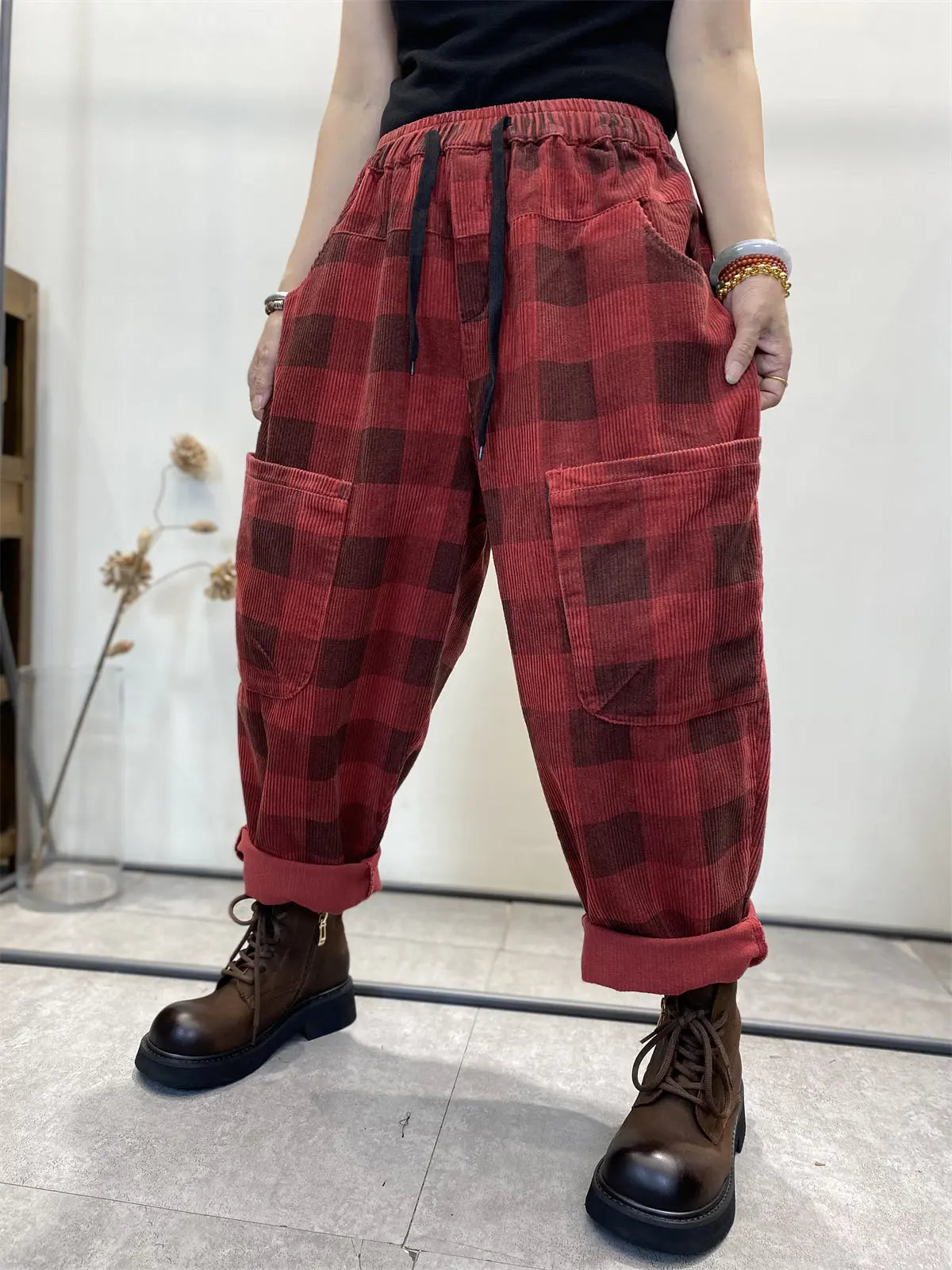 Plaid Corduroy Loose Harem Pants