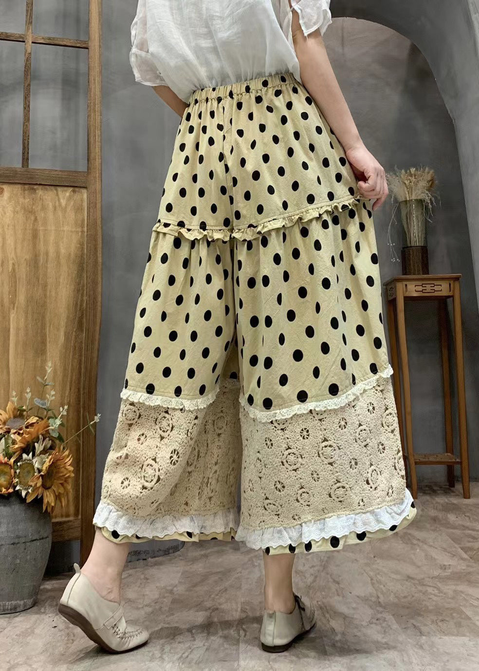 Yellow Dot Print Ruffled Patchwork Elastic Waist Crop Wide Leg Pants Vv067