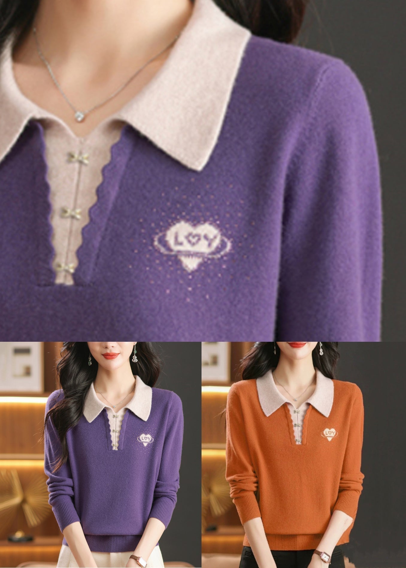 Purple False Two Pieces Wool Knit Sweaters Peter Pan Collar Winter Er014