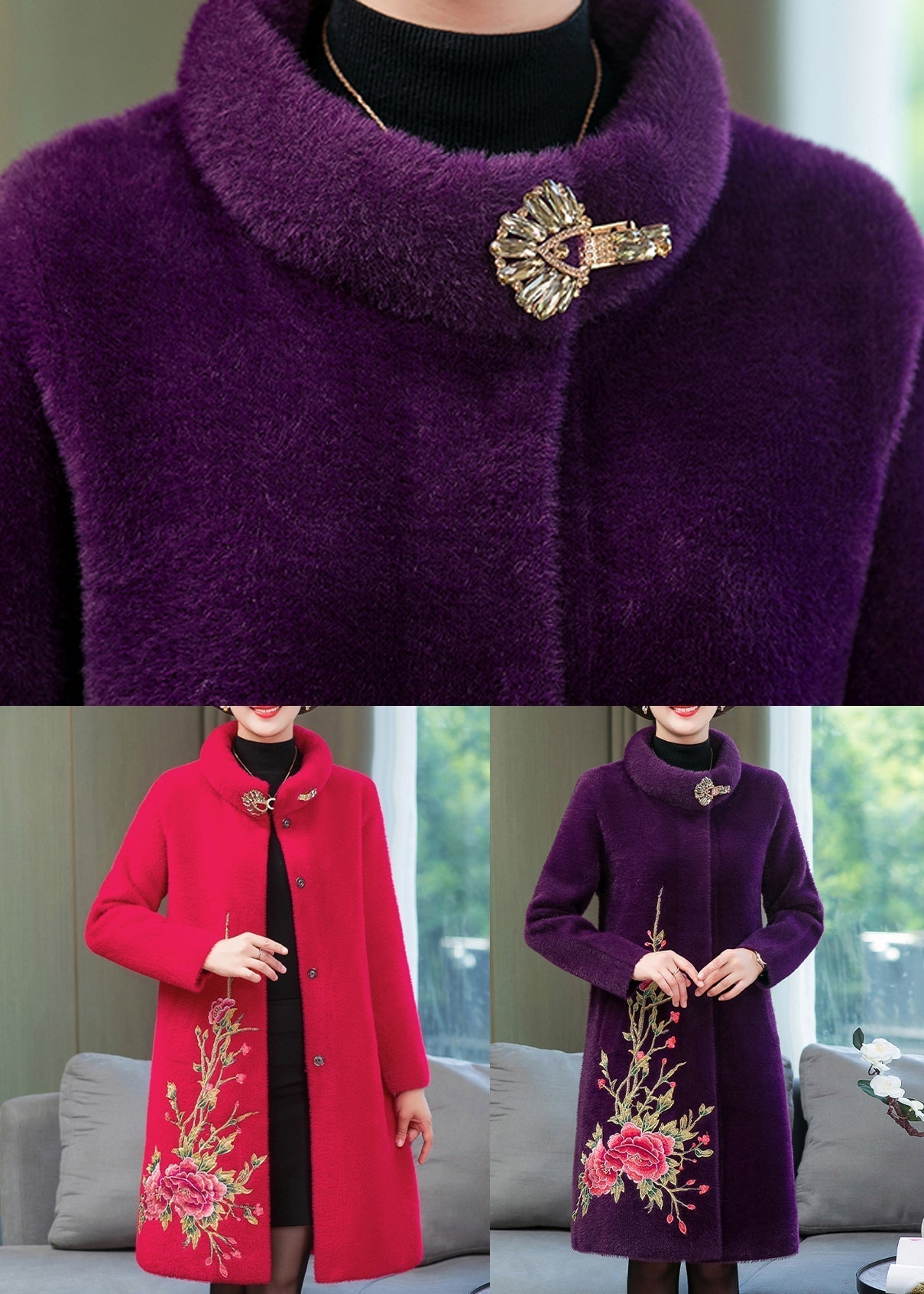 Purple Mink Velvet Long Coats Print Button Spring Ta032