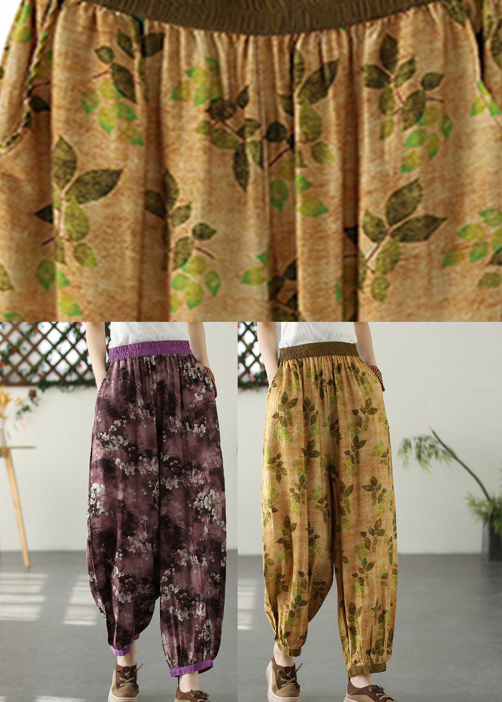 Purple Print Pockets Crop Beach Pants Summer Tq1017
