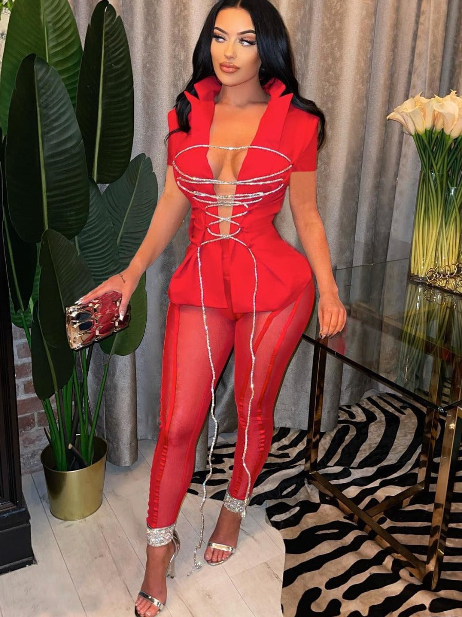 Deep V Neck Bandage Design Skinny Pants Set At8046