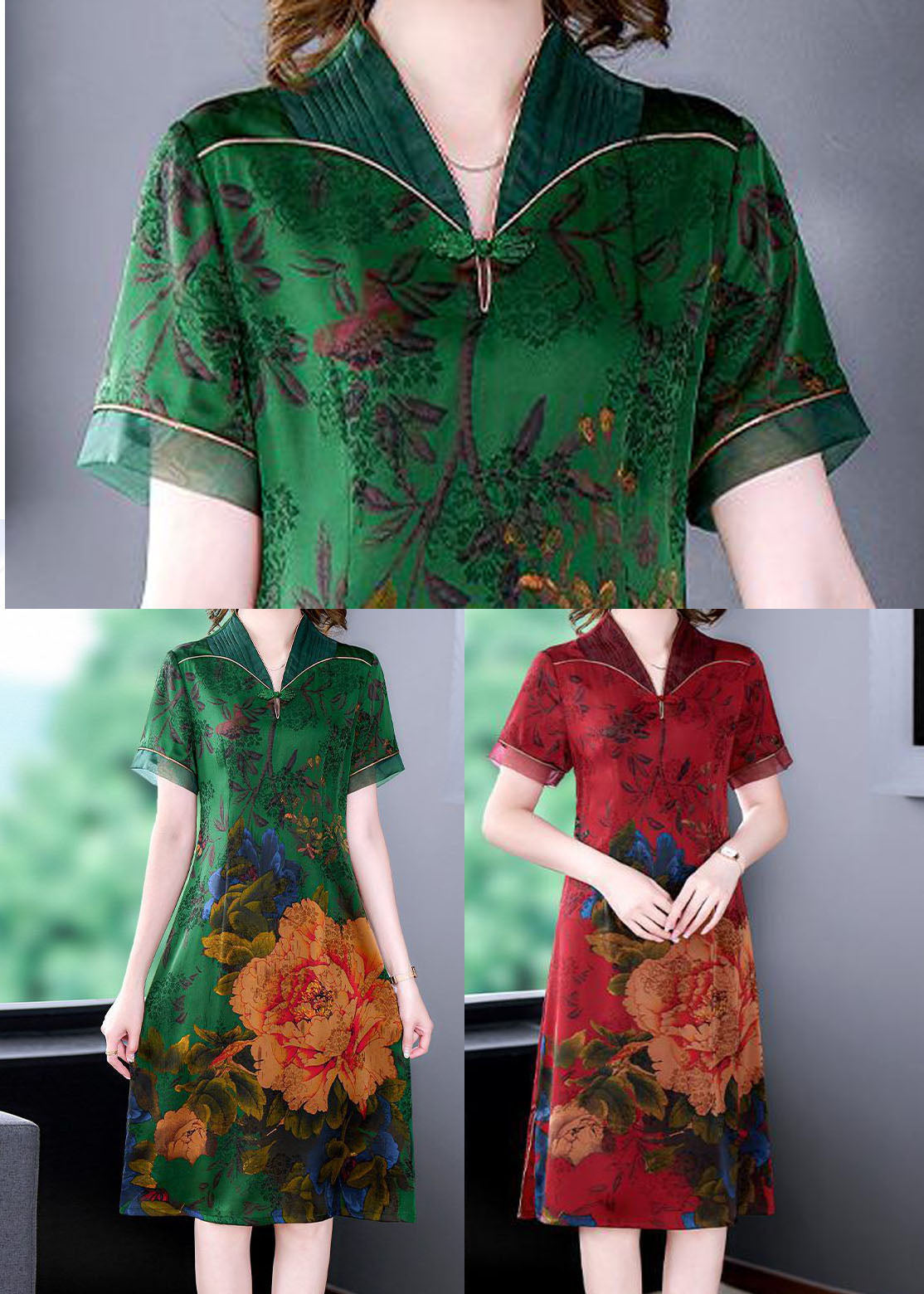 Red Chinese Style Silk Long Dresses Print Side Open Summer Ly1680