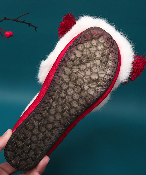 Red Fuzzy Wool Lined Tassel Nail Bead Splicing Flat Feet Shoes Tq043