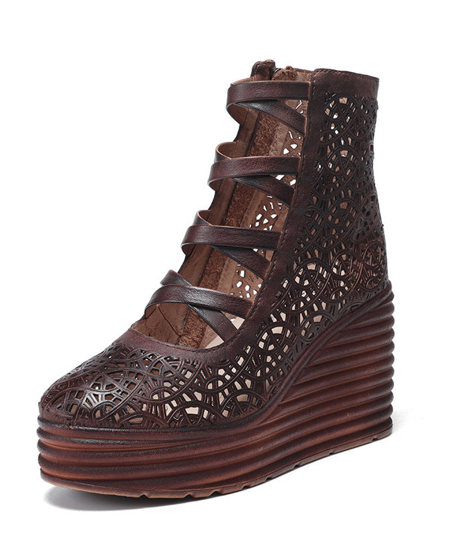 Retro Coffee Cowhide Hollow Out Splicing Cross Strap High Wedge Heels Shoes Sl1006