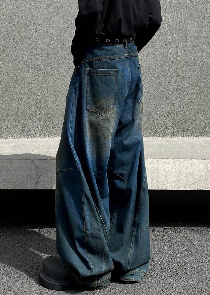 Retro Denim Navy Asymmetrical High Waist Hole Pants Fall Sa014