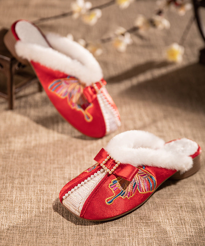 Retro Embroidery Chunky Slippers Shoes White Satin Fuzzy Wool Lined Rx027