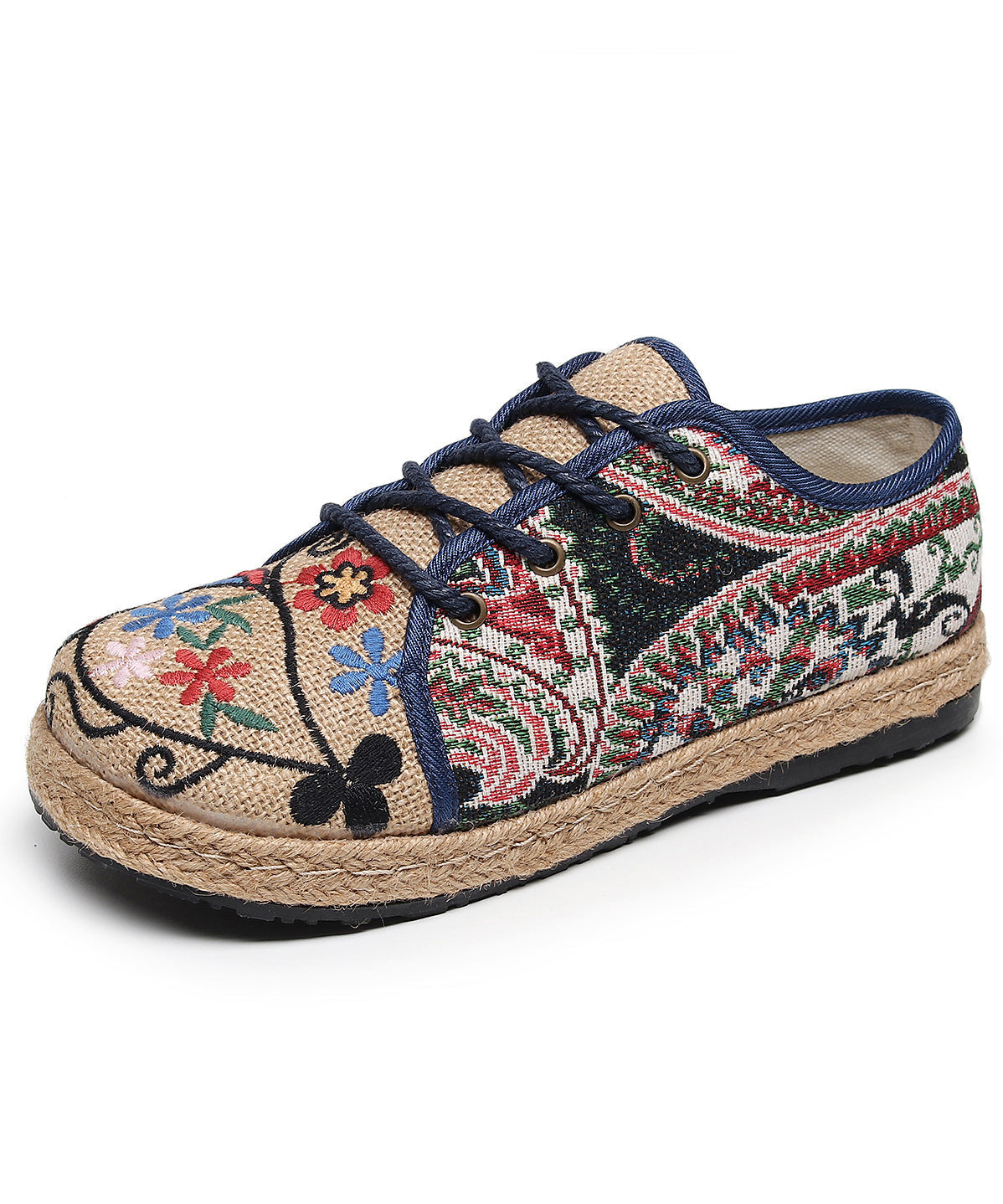Retro Style Embroidered Lace Up Linen Flat Shoes Xc1041