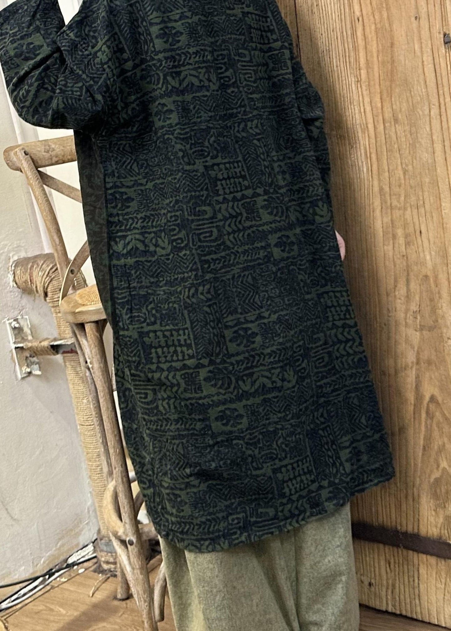 Retro Green Patchwork Print Long Dress Long Sleeve Vb1075