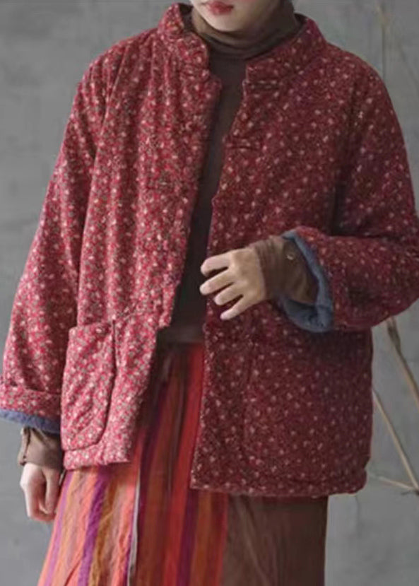 Retro Red Print Button Pockets Cotton Filled Coats Winter Qg029
