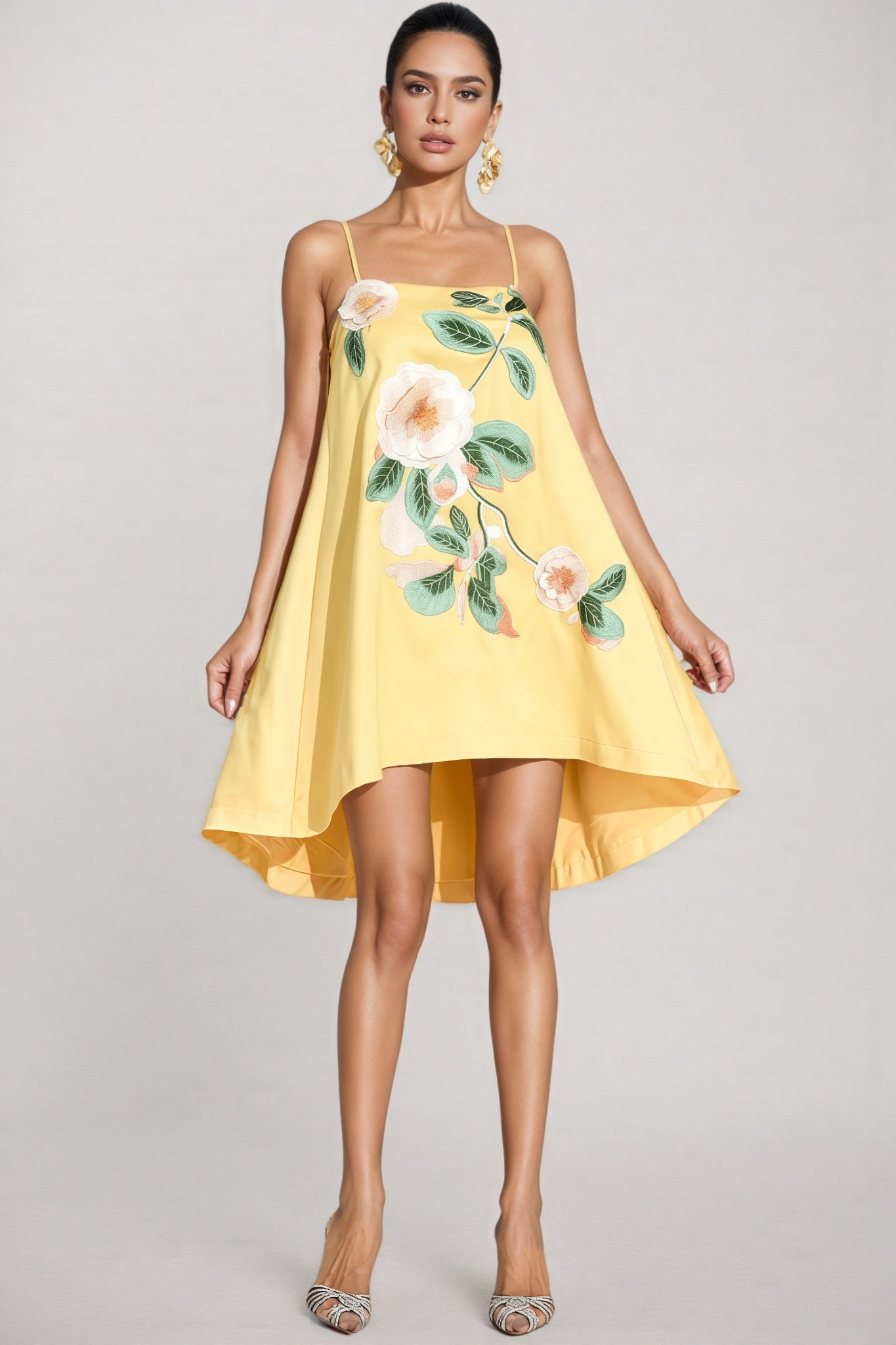 Fawnty Yellow Embroidered Slip Mini Dress