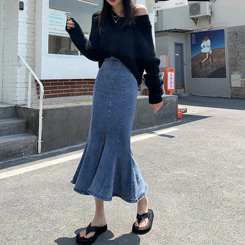 Dressbetty - Split High Waisted Denim Mermaid Skirt