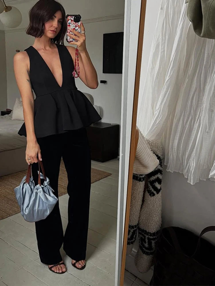Ruffled Hem V-neck Harem Pants Office Two Piece Set