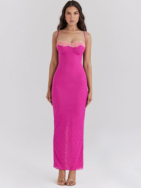 Lace Spaghetti Strap Bodycon Maxi Dress Gown Patchwork Sleeveless Backless Club Party Dress