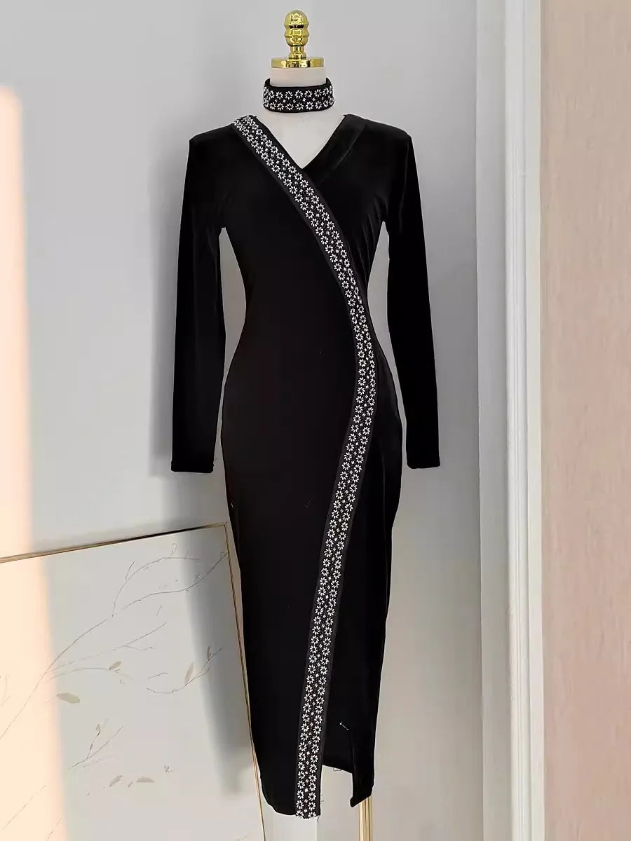 Beading Velvet Midi Dress V Neck Halter Black Bodycon Evening Split Vestidos Spring Female Wedding Party Clothes