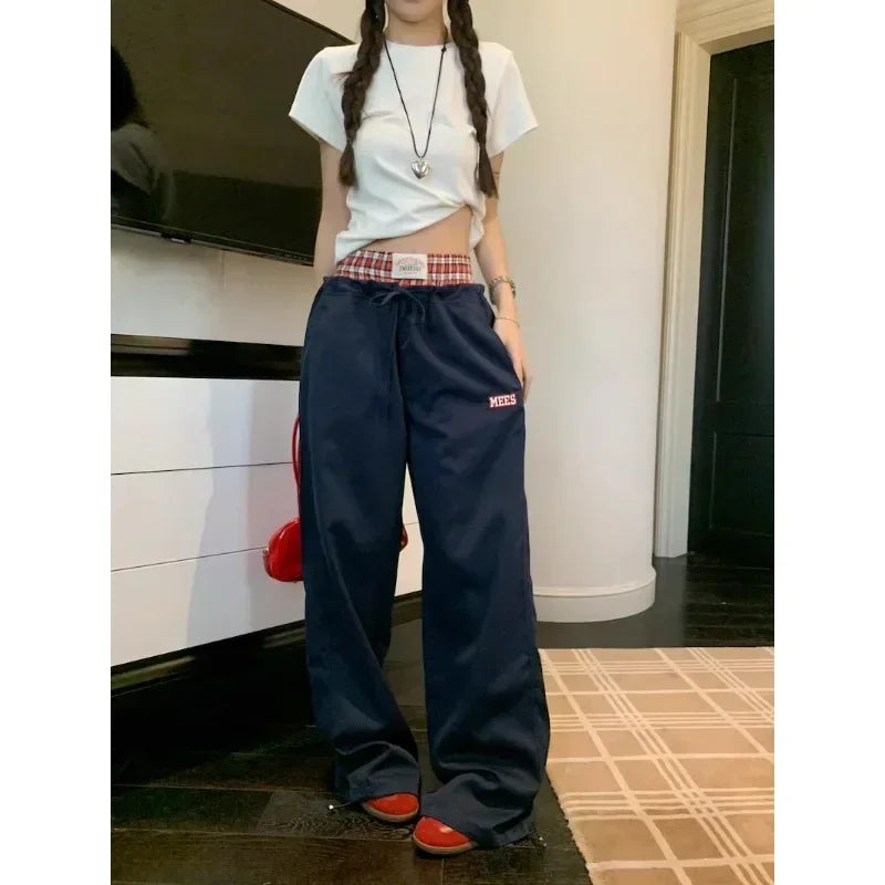 American Contrast Color Patchwork Loose Wide Leg Pants Autumn New High Waist Laceup Letters Embroidered Pants