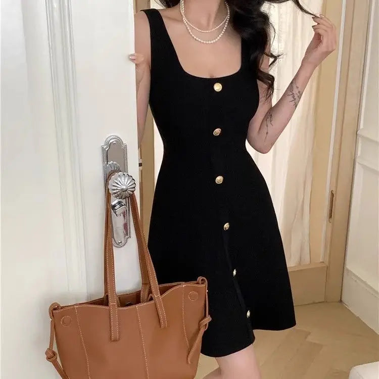 Knitted Aline Dresses Buttons Sleeveless Spring Summer Mini Dress Korean Sweet Vestidos Mujer