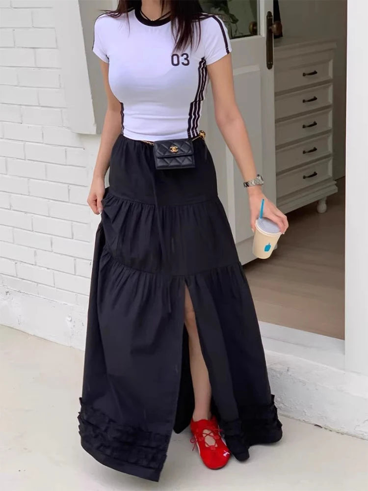 French Style Patchwork Mushroom Edge Split Skirt Summer New Versatile and Personalized Aline Long Skirts