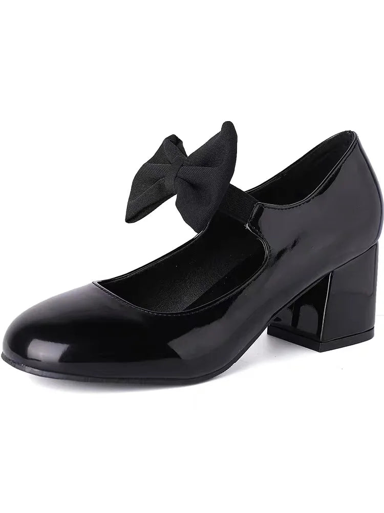 Sweet Round Toe Mary Janes Bow Detail Block Middle Heels Classic Dress Party Summer Shoes