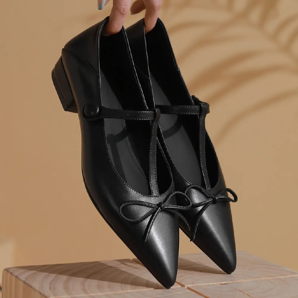 Genuine Leather Pointed Toe Tstrap Ballet Flats Single Shoes Soft Comfortable Female Sprinng New Ballerians