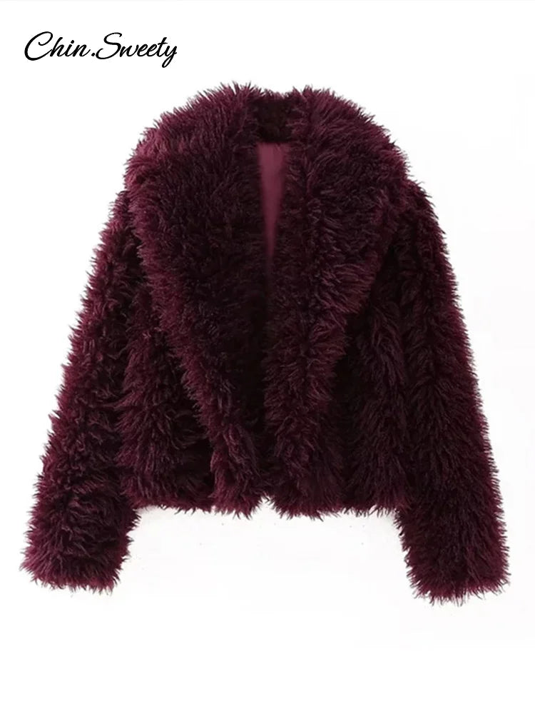 Faux Fur Coat Fluffy Lapel Loose Long Sleeve Burgundy Red Cropped Jacket Female Winter High Street Outwear