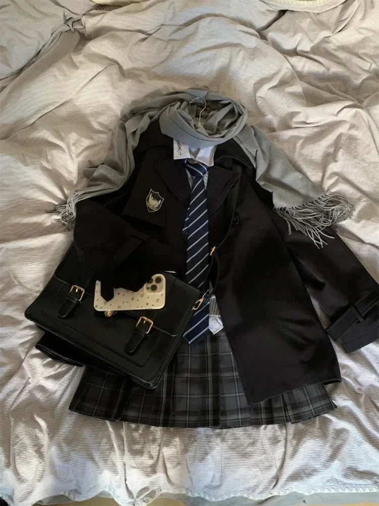 Korean Preppy Style Outfits 3 Piece Set Long Sleeve Suit Coat + Slim Polo Shirt + Y2k Plaid Mini Skirt Jk Clohing