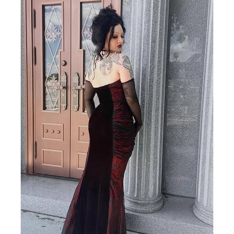 Dark Gothic Strapless Off Shoudler Dress for Halloween Costume Cinched Waist Slimming Wrapped Hip Fishtail Maxi Dress