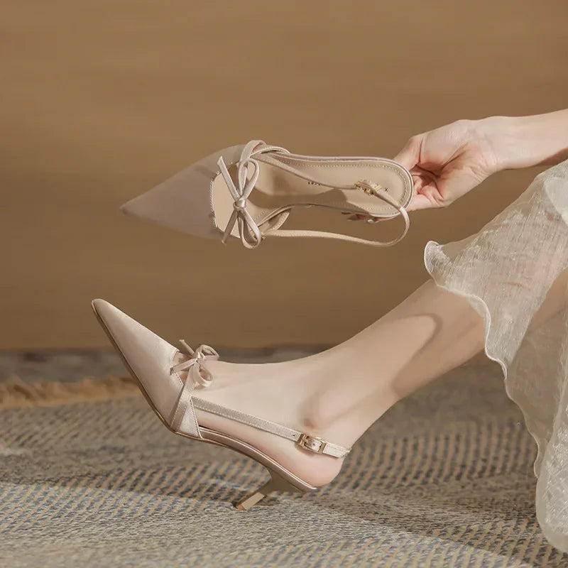 Satin Pointed Toe High Heels Bow Design Cover Toe Fine Heel 6cm Sandals Back Strap Party Dress Shoes