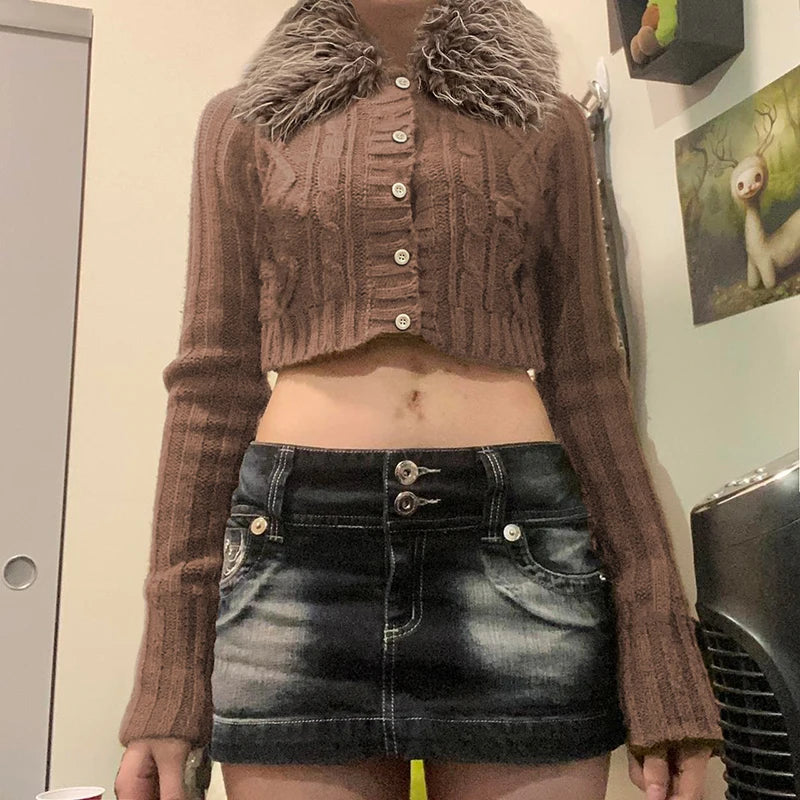 Y2k Brown Buttons Crop Sweater With Detachable Fur Collar Autumn 2000s Knitted Cardigan Slim Winter Outfits