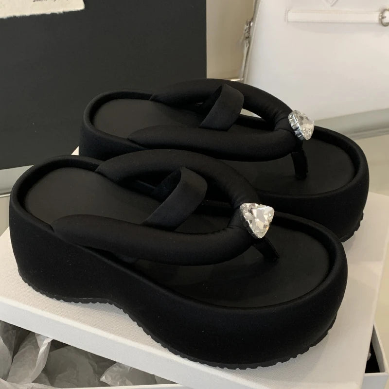 Satin Crystalline Thicksoled Flip Flops Shoes Summer Open Toe Back Strap Party Beach Sandals