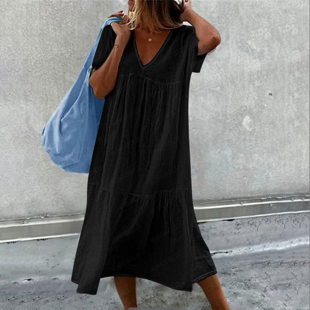 Color Cotton Linen Midi Dresses V-neck Short Sleeves Loose Dress Simple Style Lady Commuting Vestidos