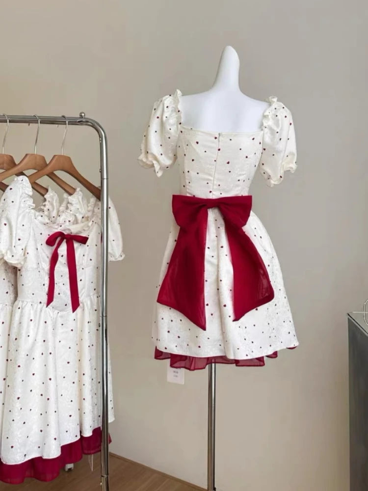 Summer New Sweet Mini Dresse French Square Collar Princess Bow Short Sleeve Dress Party Dresses Vestidos