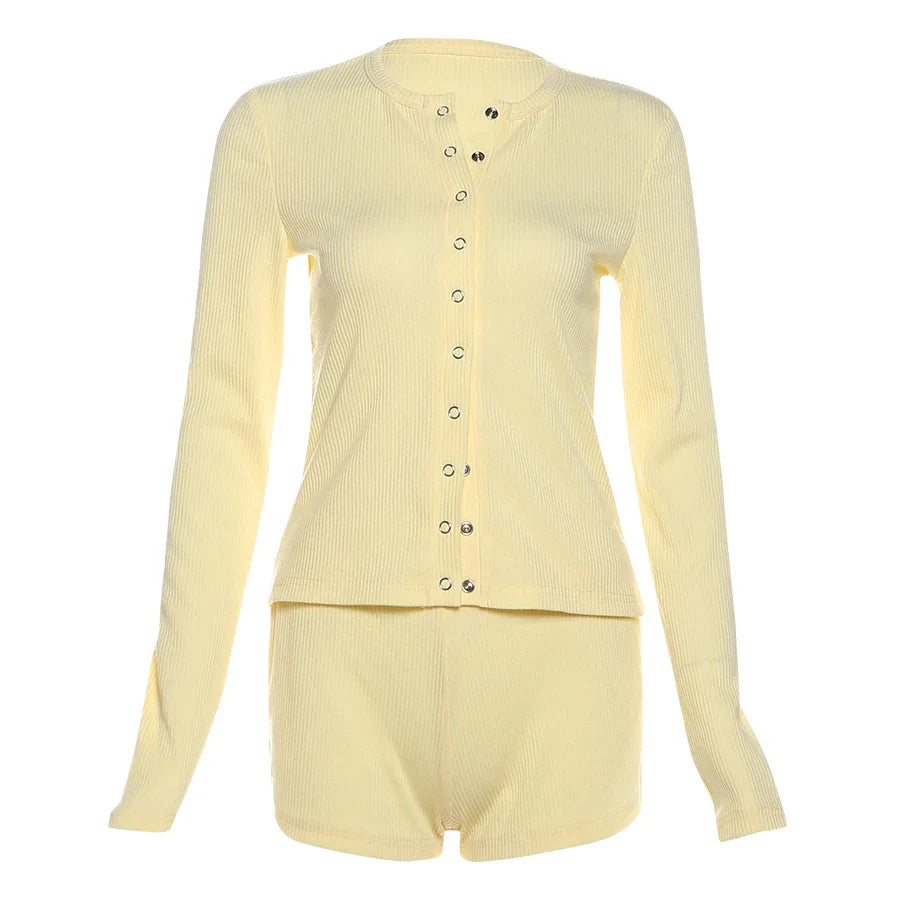 Leisure Stretch 2-piece Set Single-breasted Long Sleeves O-neck Blouse+basis Shorts Simple Classic Street Suits