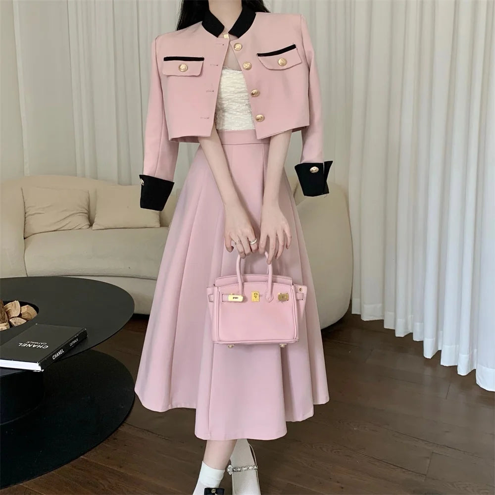New Small Fragrance Two Piece Set Short Jacket Coat + Long Skirt Suits Korean Ol 2 Piece Sets