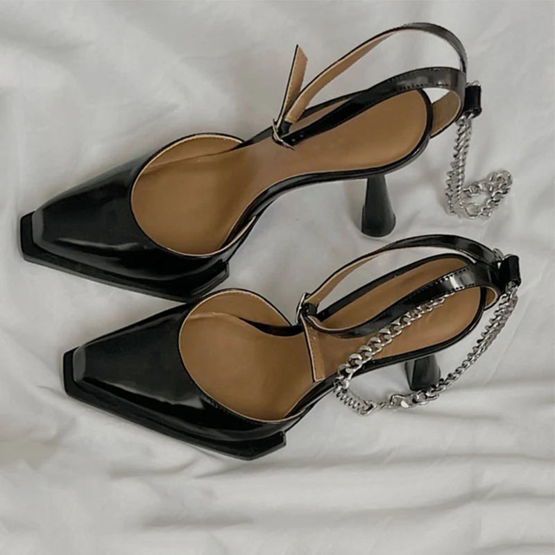 New Buckle Pointed Toe Sandals Metal Chain Sandalias Female Stiletto High Heels Dress Shoes Party Zapatos De Mujer