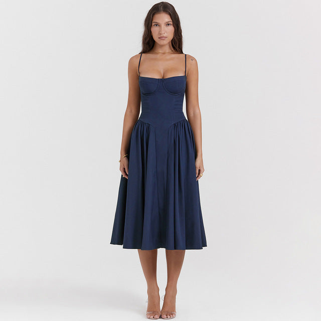 Spaghetti Strap Sleeveless A-line Midi Dress for Summer New Backless Pleated Slipdress Loose Dress